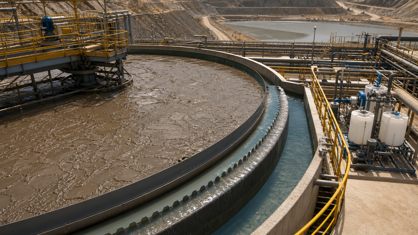 Mining tailings thickener with polyacrylamide dosing for sedimentation