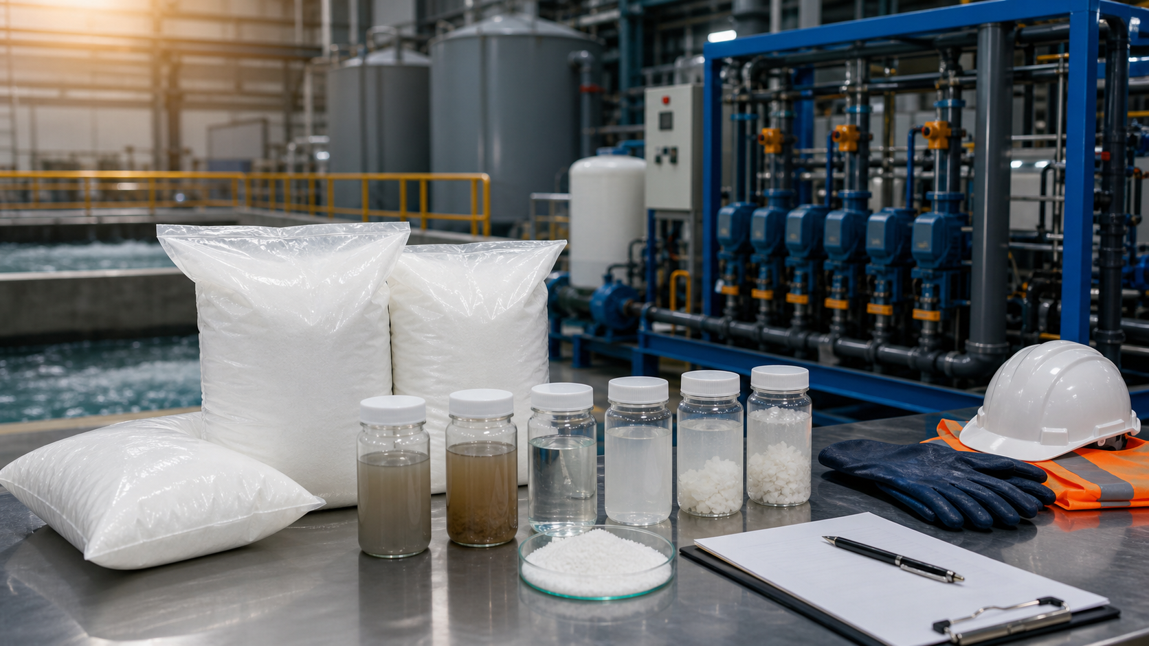 Polyacrylamide supplier selection with chemical bags samples and dosing equipment